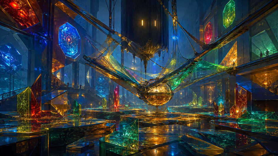 In einer gewaltigen dunklen Halle schwebt eine vogelähnliche Konstruktion aus Metallstreben und farbigem Glas. Ihre weit ausgespannten Flügel tragen grüne und gelbe transparente Flächen, während unter ihrem Körper eine goldene Kugel hängt. Rote, blaue und grüne Kristalle stehen auf den gestaffelten Bodenplatten. Winzige Menschen beobachten das Gebilde von erhöhten Laufgängen.