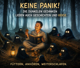 Ein Mann sitzt im Schlafanzug mit einem aufgeschlagenen Geschichtenbuch und einem Keks in einem nebligen Wald. Um ihn haben sich zahlreiche kleine schwarze Wesen mit leuchtenden Augen versammelt, einige essen ebenfalls Kekse. Eine Laterne und eine Tasse verbreiten etwas Wärme in der dunklen Umgebung. Der Text lautet: „Keine Panik! Die dunklen Gedanken lieben auch Geschichten und Kekse. Füttern, anhören, weiterschlafen.“