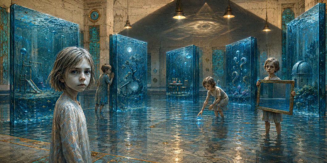 Vier ähnlich aussehende Kinder stehen im flachen Wasser einer steinernen Halle zwischen hohen blauen Glasscheiben. Darin erscheinen ein Spielplatz, ein Baum mit Teleskop, ein gedeckter Tisch und schwebende Fragezeichen. Ein Kind hält einen leeren Bilderrahmen, ein anderes greift nach einem leuchtenden Fisch. Über ihnen zeichnet Licht ein Auge an die Wand.