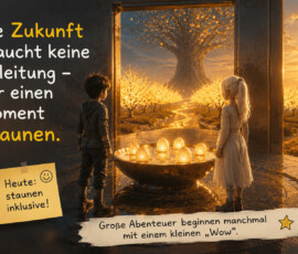 Zwei Kinder stehen vor einer Schale mit leuchtenden eiförmigen Objekten und blicken durch ein riesiges Tor in eine goldene Landschaft. Ein strahlender Weg führt zwischen blühenden Bäumen zu einem gewaltigen Baum am Horizont. Auf einem Zettel steht: „Heute: Staunen inklusive!“ Die Botschaft lautet: „Die Zukunft braucht keine Anleitung – nur einen Moment Staunen. Große Abenteuer beginnen manchmal mit einem kleinen Wow.“