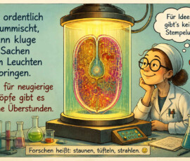 Eine Wissenschaftlerin betrachtet lächelnd ein leuchtendes mechanisches Gehirn in einem großen Glasbehälter. Auf dem Labortisch stehen Reagenzgläser, Kolben, Zeichnungen und verschiedene farbige Flüssigkeiten. Die Bildtexte erklären: „Wer ordentlich herummischt, kann kluge Sachen zum Leuchten bringen.“ und „Für neugierige Köpfe gibt es keine Überstunden.“ Unten steht: „Forschen heißt: staunen, tüfteln, strahlen.“