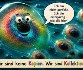 Ein großes durchsichtiges Wesen mit buntem Inneren und lustigem Gesicht erhebt sich aus einer Welt voller ähnlicher Blasenwesen. Trotz ihrer gemeinsamen Grundform unterscheiden sie sich in Größe, Farbe und Muster. Das große Wesen sagt: „Ich bin nicht perfekt. Ich bin einzigartig – wie alle hier!“ Darunter steht: „Wir sind keine Kopien. Wir sind Kollektionen.“
