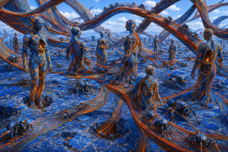 Zahlreiche menschenähnliche Gestalten stehen in einer leuchtend blauen Ebene und sind durch breite orange-blaue Stränge miteinander verbunden. Ihre Körper bestehen aus verflochtenen Fasern und besitzen offene Hohlräume, in denen warmes Licht glimmt. Käferartige Wesen bewegen sich über den Boden und die geschwungenen Verbindungen. Die gesamte Landschaft erscheint wie ein einziger vernetzter Organismus.