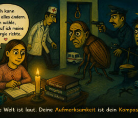 Ein Mädchen schreibt ruhig bei Kerzenlicht, während hinter ihm eine chaotische und bedrohliche Szene stattfindet. Zu sehen sind ein Arzt, ein riesiges käferartiges Wesen, ein Polizist mit Pistole, ein Galgen und mehrere kleine Fahrzeuge. Auf den Büchern stehen „Verstehen“, „Mitgefühl“ und „Kleine Schritte“. Das Mädchen sagt: „Ich kann nicht alles ändern. Ich wähle, worauf ich meine Energie richte.“ Darunter steht: „Die Welt ist laut. Deine Aufmerksamkeit ist dein Kompass.“