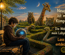 Ein Junge sitzt auf einer Bank und hält eine steinerne Kugel mit einem leuchtenden blauen Auge in den Händen. Vor ihm erstreckt sich ein verschlungenes Heckenlabyrinth, das von einer bunten Eule, einer Giraffe, einer Raubkatze und zwei schlangenartigen Wesen bewohnt wird. Über der fantastischen Szene steht eine Mondsichel. Der Text lautet: „Neugier ist mein Kompass. Die Welt ist mein Labyrinth. Lass uns entdecken!“