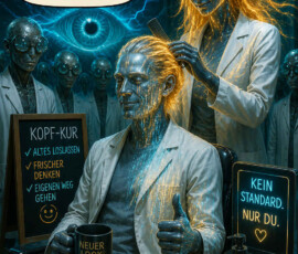 In einem futuristischen Salon kämmt eine metallisch glänzende Gestalt das leuchtende Haar eines ebenfalls metallischen Kunden. Weitere künstlich wirkende Figuren beobachten die Behandlung, während auf Schildern „Altes loslassen“, „Frischer denken“ und „Eigenen Weg gehen“ steht. Die Sprechblase verkündet: „Wir ändern deinen Kopf – du entscheidest, wer du danach bist.“ Weitere Aufschriften lauten: „Kein Standard. Nur du.“ und „Glänzt von innen.“