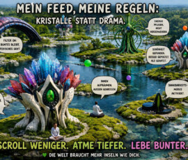 Eine helle Wasserlandschaft ist mit farbigen Kristallgebäuden, fremdartigen Pflanzen und kleinen meditierenden Menschen bevölkert. Sprechblasen verkünden unter anderem: „Buntes bleibt, Toxisches geht“, „Energie pflegen. Nicht verschwenden“, „Innen aufräumen. Außen genießen“ und „Dankbarkeits-Modus aktiviert.“ Darüber steht: „Mein Feed, meine Regeln: Kristalle statt Drama.“ Die abschließende Botschaft lautet: „Scroll weniger. Atme tiefer. Lebe bunter. Die Welt braucht mehr Inseln wie dich.“