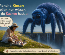 Eine Frau sitzt mit kleinen Kuchen auf einer sonnigen Wiese, während sich eine riesige blaue Spinne vorsichtig über einen Abgrund nähert. Das pelzige Tier wirkt mit seinen großen schwarzen Augen eher freundlich als bedrohlich. Die Frau fragt: „Du willst nur Hallo sagen? Zuckerwatte?“ Darüber steht: „Manche Riesen wollen nur wissen, ob du Kuchen hast.“ Das Fazit lautet: „Freundlich sein. Es kostet nichts – und bringt oft Großes.“