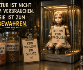 Ein puppenhaftes Robotermädchen sitzt in einer gläsernen Apparatur und hält ein Schild mit der Aufschrift: „Ich bin kein Produkt.“ Daneben stehen Gläser mit „Menschengewebe“ und „Menschenhaare“ sowie ein Hinweis: „Kein Rohstoff. Ein Schatz.“ Die kalte Laborumgebung lässt das Bewahren von Kultur wie eine technische Konservierung erscheinen. Darüber steht: „Kultur ist nicht zum Verbrauchen. Sie ist zum Bewahren.“