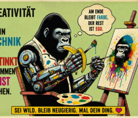 Ein Gorilla mit mechanischen Armen sitzt vor einer Staffelei und malt ein farbenfrohes Selbstporträt. Dabei hält er einen Pinsel und eine Palette, während eine Banane in seinem Mund steckt. Der Text erklärt: „Kreativität ist, wenn Technik und Instinkt zusammen Kunst machen.“ In seiner Gedankenblase steht: „Am Ende bleibt Farbe. Der Rest ist Ego“, und darunter: „Sei wild. Bleib neugierig. Mal dein Ding.“