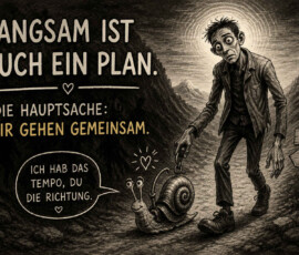 Ein erschöpfter, dürrer Mann wandert gemeinsam mit einer Schnecke durch eine düstere Gebirgslandschaft. Er hält die Schnecke an einer kleinen Leine, während ein Wegweiser verkündet: „Weiter geht’s.“ Die Schnecke sagt: „Ich hab das Tempo, du die Richtung.“ Darüber steht: „Langsam ist auch ein Plan. Die Hauptsache: Wir gehen gemeinsam.“