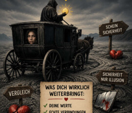 Eine schwarze Pferdekutsche fährt durch eine trostlose Landschaft, während die vermummte Person auf dem Kutschbock eine leuchtende Münze betrachtet. Wegweiser versprechen „Scheinsicherheit“ und „Sicherheit nur Illusion“, neben zerbrochenen Herzen, einem beschädigten Spiegel und einem Würfel. Eine Liste nennt als wirklich hilfreich: eigene Werte, echte Verbindungen, Mut zur Entscheidung, Lernen aus Fehlern und den eigenen Weg. Darüber steht: „Nicht alles, was glänzt, bringt dich weiter. Manches blendet nur.“ Das Fazit lautet: „Augen auf. Herz an. Lenk selbst.“
