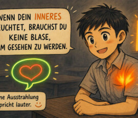 Ein Junge sitzt an einem Schultisch, während aus seiner Brust beziehungsweise Hemdtasche ein warmes orangefarbenes Licht strahlt. Neben ihm schweben ein grünes Herzsymbol und eine leuchtende Leiter. In einer Sprechblase steht: „Wenn dein Inneres leuchtet, brauchst du keine Blase, um gesehen zu werden.“ Der abschließende Satz lautet: „Deine Ausstrahlung spricht lauter.“