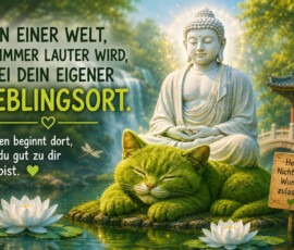 Eine große weiße Buddhafigur meditiert an einem stillen Teich, während davor eine riesige grüne Mooskatze friedlich schläft. Weiße Lotusblüten treiben auf dem Wasser, und im Hintergrund rauscht ein Wasserfall. Ein Schild empfiehlt: „Heute: Nichts tun. Wunder zulassen.“ Daneben steht: „In einer Welt, die immer lauter wird, sei dein eigener Lieblingsort. Frieden beginnt dort, wo du gut zu dir bist.“