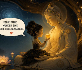 Eine kleine Frau sitzt nachts in der geöffneten Hand einer riesigen, friedlich lächelnden Buddhafigur. Sie hält einen golden leuchtenden Apfel empor, während auf dem dunklen Wasser mehrere Lotusblüten strahlen. Lichterketten und ein ferner Sternenwirbel verstärken die ruhige, märchenhafte Atmosphäre. Die Frau sagt: „Keine Panik. Wunder sind meine Lieblingssnacks.“