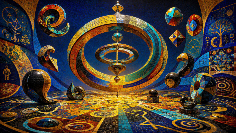 Ein vollständig mit blauen, goldenen und orangefarbenen Mosaiken ausgekleideter Raum enthält ein monumentales System aus schwebenden Ringen, Kugeln und geometrischen Körpern. Spiralige schwarze Formen stehen wie rätselhafte Schriftzeichen auf dem ornamentierten Boden. Diagramme, Bäume und Figuren bedecken die Wände. Eine winzige Gestalt unter dem Zentrum verdeutlicht die gewaltigen Dimensionen.