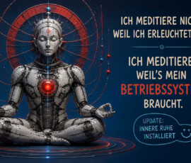 Ein menschenähnlicher Roboter sitzt mit geschlossenen Augen im Lotossitz. Rote und blaue Leitungen bilden hinter ihm ein technisch anmutendes Strahlenmuster, während in seiner Brust ein roter Kern leuchtet. Der Text erklärt: „Ich meditiere nicht, weil ich erleuchtet bin … Ich meditiere, weil’s mein Betriebssystem braucht.“ Eine kleine Anzeige meldet: „Update: Innere Ruhe installiert.“