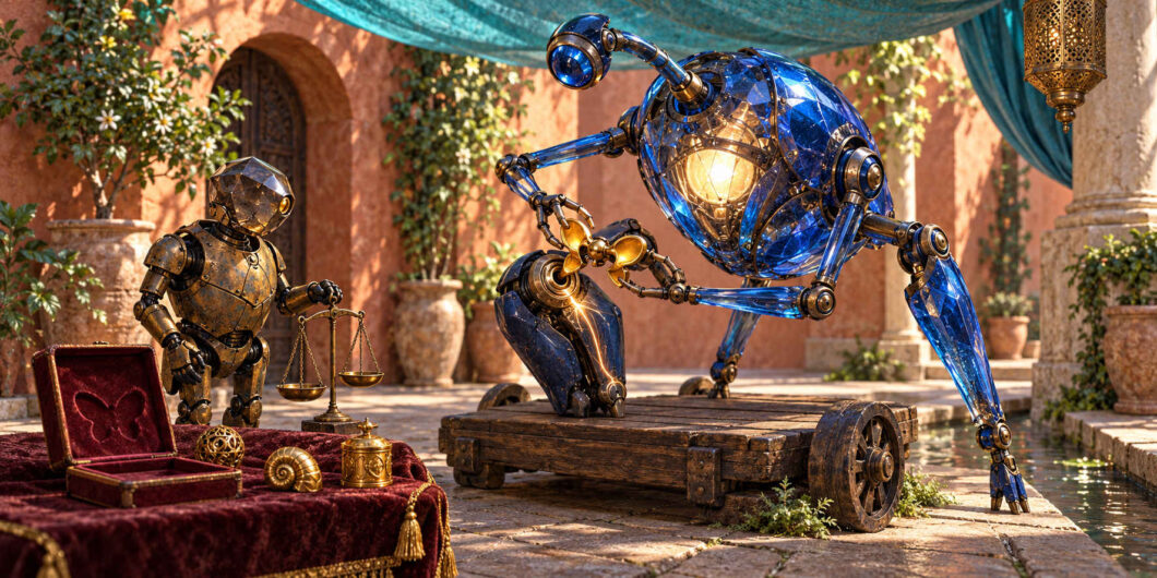 In einem sonnigen Innenhof untersucht ein großer, blau gläserner Roboter ein kleineres mechanisches Wesen auf einem hölzernen Wagen. Daneben steht ein bronzefarbener Roboter mit einer Waage. Im Vordergrund liegen auf rotem Samt eine geöffnete Schatulle und verschiedene goldene Gegenstände. Die Szene verbindet orientalische Architektur mit filigraner futuristischer Technik.