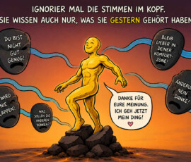 Eine leuchtend goldene Gestalt steht gelassen auf einem Haufen dunkler Steine. Um sie schweben schwarze Masken, die warnen: „Du bist nicht gut genug!“, „Das wird nie klappen!“, „Was sollen die anderen denken?“ und „Bleib lieber in deiner Komfortzone!“ Die Figur antwortet: „Danke für eure Meinung. Ich geh jetzt mein Ding!“ Darüber steht: „Ignorier mal die Stimmen im Kopf. Sie wissen auch nur, was sie gestern gehört haben.“