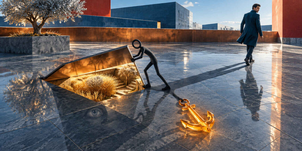 Eine kleine humanoide Figur hebt in einem weiten, spiegelnden Innenhof eine schwere Bodenplatte an und legt darunter eine leuchtende verborgene Landschaft frei. Im Vordergrund liegt ein goldener Anker, während ein Mann im dunklen Mantel sich von der Szene entfernt. Unter der geöffneten Fläche führen Stufen zwischen Pflanzen und warmem Licht in eine zweite Welt. Die wenigen Elemente erzeugen den Eindruck einer unerwarteten Möglichkeit mitten in einer streng geordneten Umgebung.