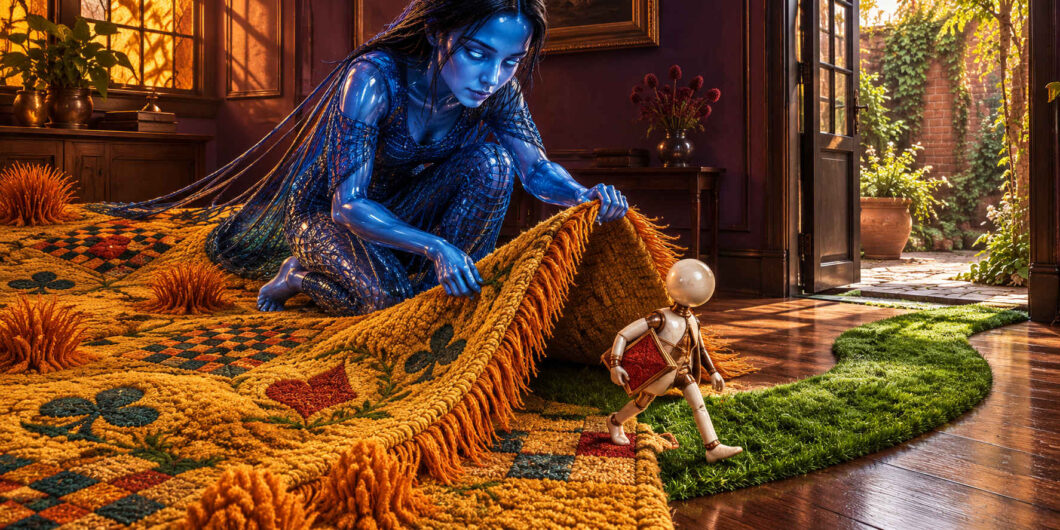 Eine blauhäutige Frau hebt in einem wohnlichen Zimmer einen schweren gemusterten Teppich an, unter dem ein schmaler Streifen grünen Rasens hervorführt. Eine kleine humanoide Figur mit kugelförmigem Kopf trägt ein Stück des Teppichmusters davon und folgt dem grünen Weg zur offenen Gartentür. Warmes Sonnenlicht fällt aus dem Garten in den dunkleren Innenraum. Die vertraute häusliche Umgebung öffnet sich dadurch unmerklich zu einer anderen Wirklichkeit.