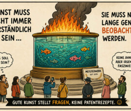 Eine Gruppe von Menschen betrachtet ein großes Aquarium, auf dessen oberem Rand ein gewaltiges Feuer brennt. In Gedankenblasen fragen sich zwei Besucher: „Was soll das sein?“ und „Keine Ahnung! Aber irgendwie fasziniert.“ Die Texte erklären: „Kunst muss nicht immer verständlich sein … Sie muss nur lange genug beobachtet werden.“ Ein Schild bezeichnet das Werk als „Meisterwerk seit 2024“, während darunter steht: „Gute Kunst stellt Fragen, keine Patentrezepte.“