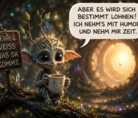 Ein kleines Wesen mit großen Ohren, leuchtenden Augen und Zweigen auf dem Kopf sitzt in einem geheimnisvollen Wald. Es hält eine Tasse mit lächelndem Gesicht, während hinter ihm ein heller Tunnel in die unbekannte Ferne führt. Ein Schild warnt: „Keiner weiß, was da kommt.“ Das Wesen antwortet: „Aber es wird sich bestimmt lohnen! Ich nehm’s mit Humor und nehm mir Zeit.“