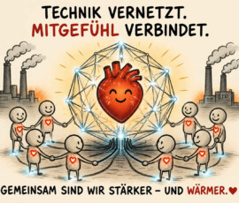 Mehrere einfache menschliche Figuren stehen im Kreis, halten einander an den Händen und sind über Kabel mit einem großen lächelnden Herzen verbunden. Das Herz wird von einem leuchtenden technischen Netzwerk umgeben, während im Hintergrund Fabriken Rauch ausstoßen. Über der Szene steht: „Technik vernetzt. Mitgefühl verbindet.“ Darunter lautet die Botschaft: „Gemeinsam sind wir stärker – und wärmer.“
