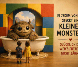 Ein freundliches braunes Monster mit kleinen Hörnern sitzt in einer großen weißen Badewanne. Zwei Kinder stehen davor und betrachten das lächelnde Wesen, während sich hinter ihm ein Tor zu einer Berglandschaft öffnet. Rechts steht: „In jedem von uns steckt ein kleines Monster …“ Darunter folgt die Botschaft: „Glücklich ist, wer’s füttert, nicht zähmt.“