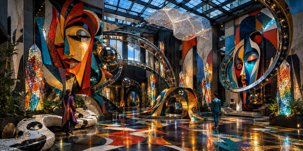 In einer hohen, verglasten Halle erheben sich monumentale, geometrisch zerlegte Gesichter in Rot, Orange, Blau und Schwarz. Metallische Ringe mit spiegelnden Kugeln umkreisen die Bildnisse, während ein transparenter kantiger Körper über dem Raum schwebt. Zwei Besucher stehen zwischen leuchtenden Kristallsäulen und einer schlangenförmigen weißen Sitzskulptur auf dem glänzenden Mosaikboden.