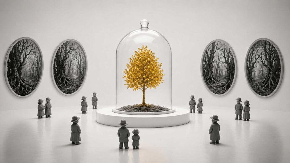 In einem nahezu leeren weißen Ausstellungsraum steht ein kleiner goldener Baum unter einer großen Glasglocke. Graue, gleichförmig gekleidete Menschen betrachten ihn aus respektvollem Abstand. Vier ovale Wandbilder zeigen denselben düsteren, kahlen Wald in Schwarzweiß. Der eingeschlossene Baum erscheint wie das letzte farbige und lebendige Exemplar seiner Art.