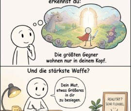 Eine nachdenkliche Figur stellt sich ein märchenhaftes Abenteuer mit Schwert, Drache, Zauberer und einem leuchtenden Tor vor. Darüber steht: „Am Ende jedes Abenteuers erkennst du: Die größten Gegner wohnen nur in deinem Kopf.“ Im unteren Bild sitzt die Figur an einem Schreibtisch und schreibt in ein Buch. Auf die Frage „Und die stärkste Waffe?“ antwortet sie: „Dein Mut, etwas Größeres in dir zu besiegen“, während ein gerahmter Spruch ergänzt: „Realität? Sehr flexibel.“
