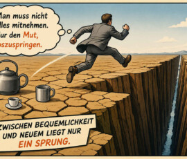 Ein Mann im Anzug springt über eine tiefe und lange Erdspalte in einer ausgetrockneten Landschaft. Hinter ihm bleiben ein Teekessel und zwei unterschiedlich große Tassen zurück. Seine Gedanken lauten: „Man muss nicht alles mitnehmen. Nur den Mut, loszuspringen.“ Am unteren Rand steht: „Zwischen Bequemlichkeit und Neuem liegt nur ein Sprung.“