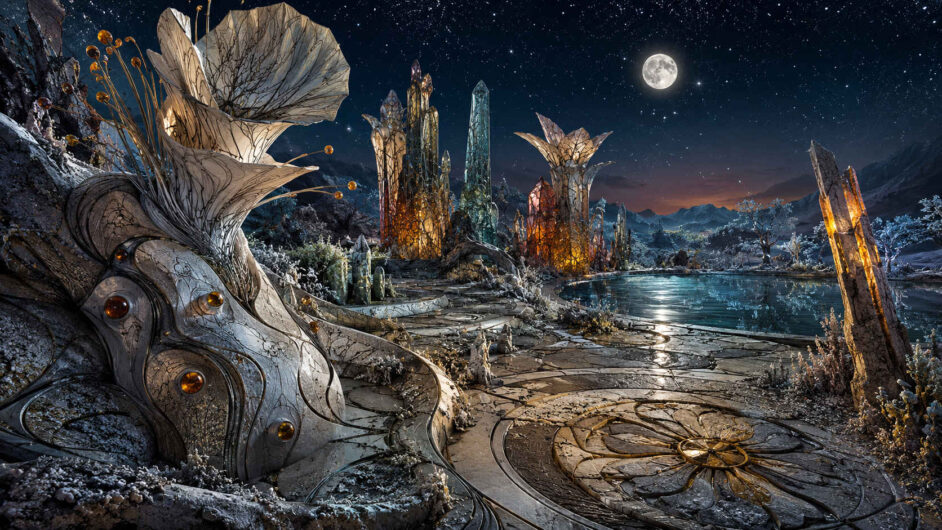 Unter einem klaren Sternenhimmel und dem Vollmond liegt ein kreisrunder See in einer fremdartigen nächtlichen Landschaft. Schlanke kristalline Türme leuchten von innen orange, blau und rötlich. Links wächst eine monumentale weiße Form empor, die zugleich an eine Blüte und ein technisches Organ erinnert. Helle Pflanzen, verzweigte Adern und ornamentale Bodenplatten umgeben das Wasser.