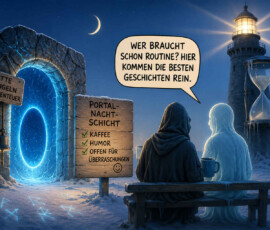 Eine vermummte Person und eine durchscheinende weiße Gestalt sitzen mit Tassen vor einem blau leuchtenden Portal im Eis. Daneben stehen ein Leuchtturm mit riesiger Sanduhr und ein Schild „Bitte klingeln für Abenteuer“. Die „Portal-Nachtschicht“ verlangt Kaffee, Humor und Offenheit für Überraschungen. Eine der Gestalten sagt: „Wer braucht schon Routine? Hier kommen die besten Geschichten rein.“