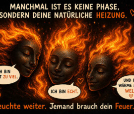 Drei dunkle Gesichter mit Haaren aus lodernden Flammen schweben vor schwarzem Hintergrund. Sie erklären: „Ich bin nicht zu viel“, „Ich bin echt“ und „Ich wärme meine Welt.“ Die Feuerköpfe wirken ruhig und freundlich, obwohl sie von gewaltigen Flammen umgeben sind. Darüber steht: „Manchmal ist es keine Phase, sondern deine natürliche Heizung.“ Das Fazit lautet: „Leuchte weiter. Jemand braucht dein Feuer.“