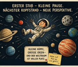 Ein fröhliches Kind im Astronautenanzug schwebt kopfüber zwischen bunten Planeten und Sternen durch das Weltall. Über ihm steht: „Erster Stoß – kleine Pause. Nächster Kopfstand – neue Perspektive.“ Eine Tafel trägt den Text: „Kleine Köpfe, grosse Ideen – und der Weltraum ist voller Platz.“ Auf einem kleinen Zettel steht außerdem: „Helm auf. Mut an. Los geht’s!“