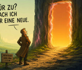 Ein Mann steht vor einer gewaltigen rechteckigen Öffnung in einem dunklen Felsen. Hinter der von Blitzen umrandeten Tür leuchtet eine intensiv orangefarbene Welt, während in der Ferne eine helle Stadt zu erkennen ist. Der Mann sagt selbstbewusst: „Tür zu? Mach ich mir eine neue.“ Ein Wegweiser bestätigt die Richtung mit der Aufschrift: „Abenteuer hier lang.“