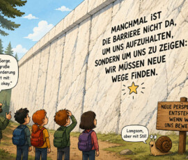 Ein Wanderführer und vier Kinder stehen ratlos vor einer riesigen hellen Steinmauer, die ihnen den Weg versperrt. Der Mann sagt: „Keine Sorge. Jede große Herausforderung beginnt mit: ‚Hmm … okay.‘“ Auf der Mauer steht: „Manchmal ist die Barriere nicht da, um uns aufzuhalten, sondern um uns zu zeigen: Wir müssen neue Wege finden.“ Ein Schild erklärt: „Neue Perspektiven entstehen, wenn wir uns bewegen“, während eine Schnecke anmerkt: „Langsam, aber mit Stil!“