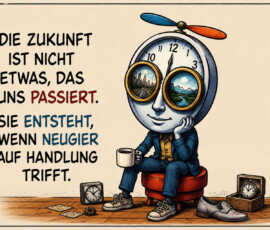 Eine Figur mit einem großen Uhrengesicht sitzt mit einer Tasse auf einem roten Hocker. In ihren runden Brillengläsern spiegeln sich eine moderne Stadt und eine unberührte Gebirgslandschaft, während auf dem Kopf ein kleiner Propeller sitzt. Mehrere Uhren, einzelne Zahnräder, Papiere und ein Paar Schuhe liegen auf dem Boden. Der Text lautet: „Die Zukunft ist nicht etwas, das uns passiert. Sie entsteht, wenn Neugier auf Handlung trifft.“