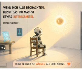 Ein Roboter sitzt in einem hellen Raum auf einem einfachen Holzstuhl und betrachtet eine sonnenähnlich leuchtende Kugel an der Wand. Mehrere schwarze Gestalten mit weißen Augen beobachten ihn heimlich aus Türen und hinter einem Tisch. Der Text lautet: „Wenn dich alle beobachten, heißt das: Du machst etwas Interessantes. (Mach weiter!)“ Darunter steht: „Deine Neugier ist wärmer als jede Sonne“, während eine kleine Beschriftung die Szene als „Jahr 3000 – Tagebuch eines Cyborgs“ bezeichnet.