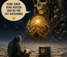 Ein Astronaut sitzt in einer außerirdischen Ebene, die vollständig mit beschriebenen Blättern bedeckt ist, und macht weitere Aufzeichnungen. Vor ihm hält eine riesige skelettartige Gestalt eine leuchtende goldene Kugel in zahlreichen Händen. Ein kleiner alter Bildschirm zeigt ein lächelndes Gesicht. Die Gestalt sagt: „Keine Sorge. Deine Notizen sind bei mir gut aufgehoben.“