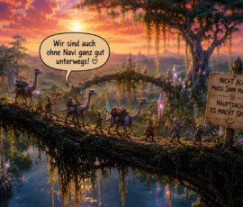 Eine Karawane aus kleinen Wanderern und langhalsigen Reittieren überquert bei Sonnenuntergang einen gewaltigen Baumstamm. Um sie herum erstreckt sich ein geheimnisvoller Wald mit leuchtenden Kristallen. Eine Sprechblase verkündet: „Wir sind auch ohne Navi ganz gut unterwegs!“ Auf einem Holzschild steht: „Nicht alles muss Sinn machen. Hauptsache, es macht Spaß!“