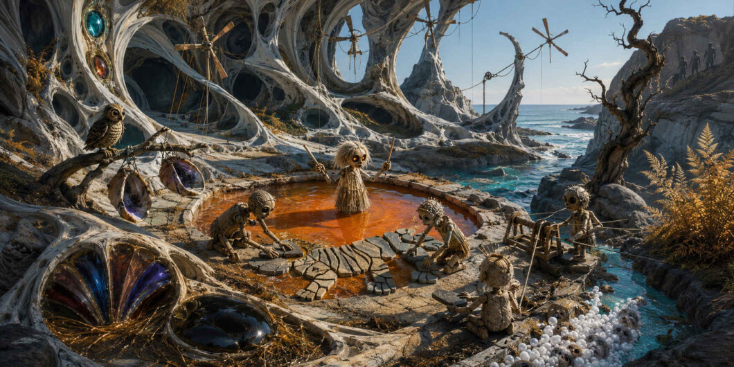 In einer weiß verästelten Küstenlandschaft arbeiten kleine, puppenartige Wesen an einem steinernen Gebilde in einem orangefarbenen Becken. Eine größere Figur steht im Wasser und dirigiert mit zwei Stäben. Weitere Wesen bedienen Seilwinden oder sitzen bei einem Haufen weißer Kugeln. Eine Eule wacht neben schillernden, sackartigen Körpern über die Szene.