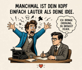 Ein aufgebrachter Mann springt hinter einer Schreibmaschine auf und wirft mit erhobenen Armen seine Gedanken förmlich in den Raum. Neben ihm sitzt ein ernst blickender Mann mit Brille ruhig am Tisch und schreibt auf einem Blatt Papier. Über der Szene steht: „Manchmal ist dein Kopf einfach lauter als deine Idee.“ Der Schreibende denkt: „Ich bringe Ordnung. Du bringst Feuer.“
