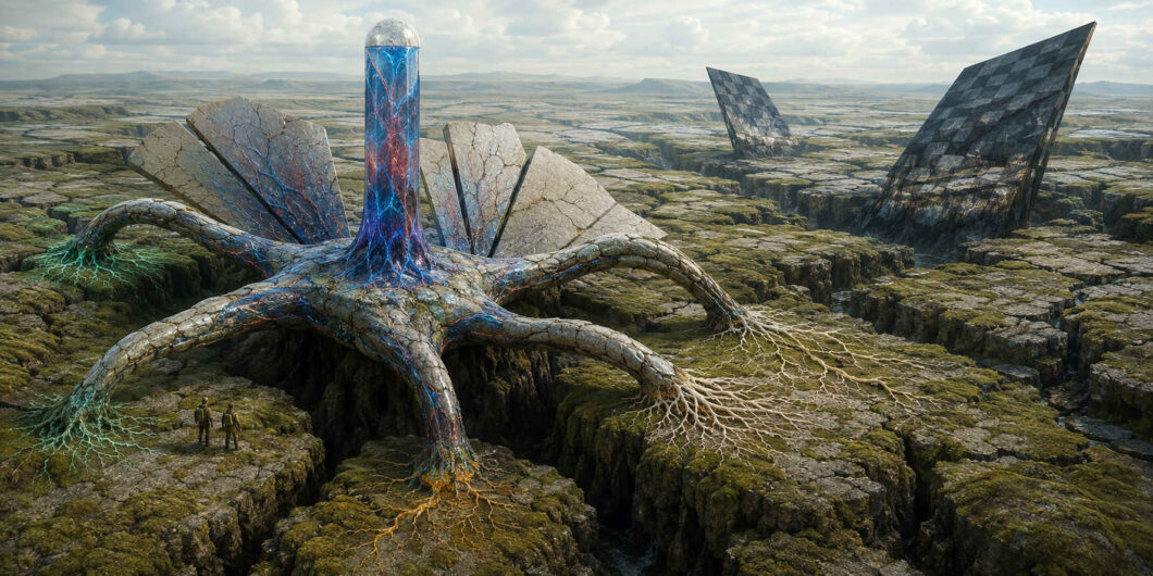 Über einer zerklüfteten, moosbewachsenen Ebene breitet sich ein monumentales wurzelartiges Gebilde aus. Aus seinem Zentrum erhebt sich eine gläserne Säule, in der rote und blaue Adern leuchten. Aufgerichtete Steinplatten bilden dahinter einen Fächer, während zwei dunkle Tafeln aus der Ferne antworten. Zwei kleine Menschen stehen am Rand einer tiefen Spalte.