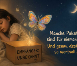 Ein schlafendes Kind liegt neben einem geöffneten Karton, aus dem goldenes Licht und ein farbenfroher Schmetterling aufsteigen. Auf dem Paket steht: „Empfänger: unbekannt“. Über der stillen Nachtszene leuchtet eine schmale Mondsichel. Der begleitende Text lautet: „Manche Pakete sind für niemanden. Und genau deshalb so wertvoll.“