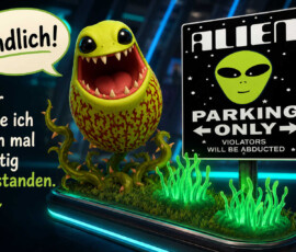 Ein rundes grünes Fantasiewesen mit riesigem Maul und spitzen Zähnen jubelt neben einem reservierten Parkplatz. Das Schild zeigt einen Alienkopf und trägt die englische Aufschrift: „Alien Parking Only. Violators will be abducted.“ Leuchtende Pflanzen und dornige Ranken verstärken den außerirdischen Charakter der Szene. Das Wesen ruft: „Endlich! Hier fühle ich mich mal richtig verstanden.“