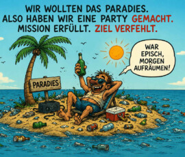 Auf einer winzigen tropischen Insel entspannt sich ein Mann mit Sonnenbrille und Flasche zwischen Palmen, Getränkekühler und Musikanlage. Um ihn herum liegen zahlreiche leere Flaschen, Dosen und weiterer Partymüll, während ein Schild die Insel als „Paradies“ bezeichnet. Über der Szene steht: „Wir wollten das Paradies. Also haben wir eine Party gemacht. Mission erfüllt. Ziel verfehlt.“ Der Mann sagt: „War episch, morgen aufräumen!“