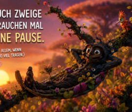 Ein freundliches Wesen aus Ästen, Moos und zahlreichen Augen liegt entspannt in einer natürlichen Astgabel. Zwischen den blühenden Zweigen sitzt ein farbenprächtiger Vogel, während am Horizont die Sonne untergeht. Links steht: „Auch Zweige brauchen mal eine Pause.“ Der ergänzende Text lautet: „Vor allem, wenn sie so viel tragen.“